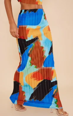 Blue Abstract Print Plisse Maxi Skirt