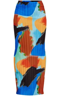 Blue Abstract Print Plisse Maxi Skirt