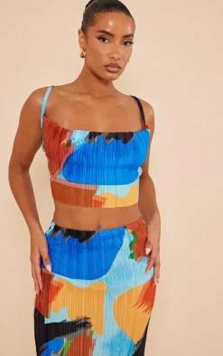 Blue Abstract Print Plisse Strappy Cowl Neck Top