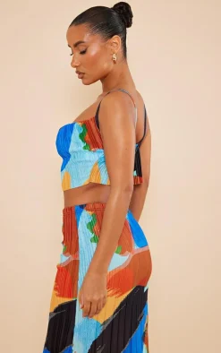 Blue Abstract Print Plisse Strappy Cowl Neck Top
