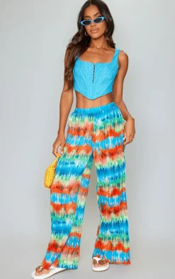 Blue Abstract Print Plisse High Waisted Wide Leg Pants