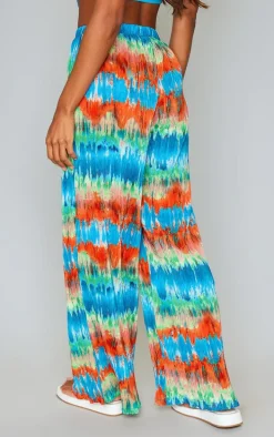 Blue Abstract Print Plisse High Waisted Wide Leg Pants