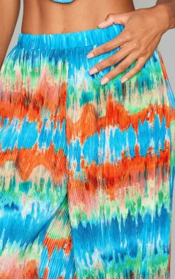Blue Abstract Print Plisse High Waisted Wide Leg Pants