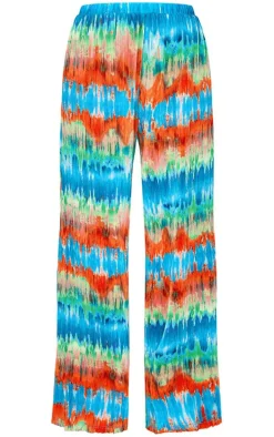 Blue Abstract Print Plisse High Waisted Wide Leg Pants