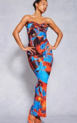 Blue Abstract Print Plisse Knot Bandeau Maxi Dress