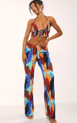 Blue Abstract Print Plisse High Waist Wide Leg Pants