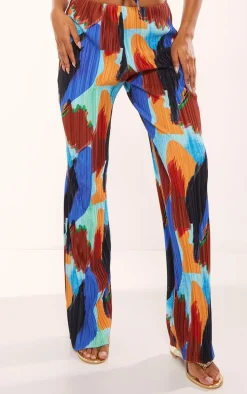 Blue Abstract Print Plisse High Waist Wide Leg Pants