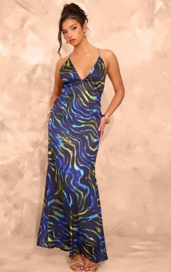 Blue Abstract Print Satin Maxi Dress
