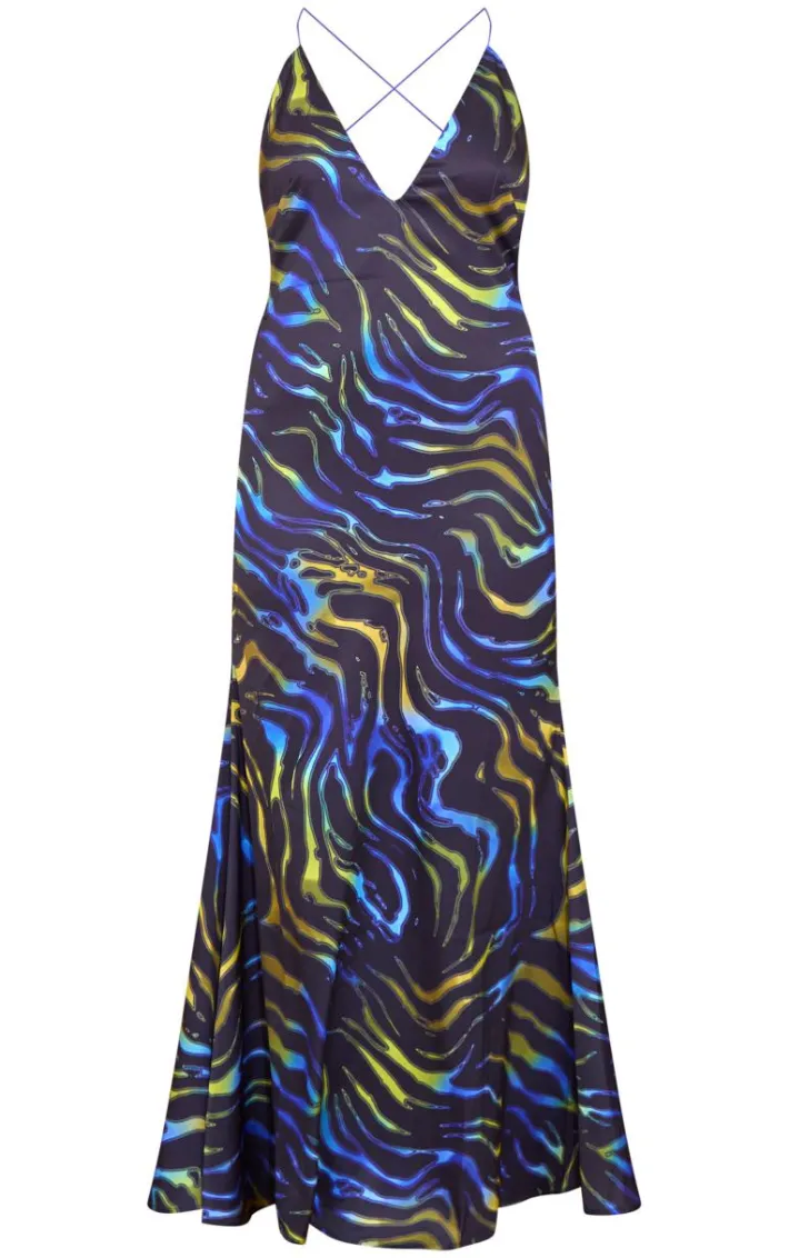 Blue Abstract Print Satin Maxi Dress