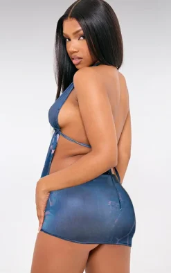 Blue Abstract Print Slinky Halterneck Longline Bralet