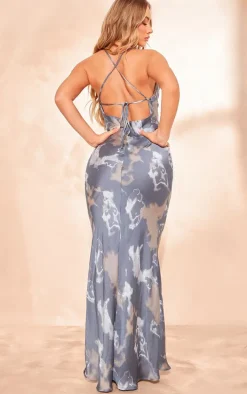 Blue Abstract Printed Satin Halterneck Cowl Maxi Dress