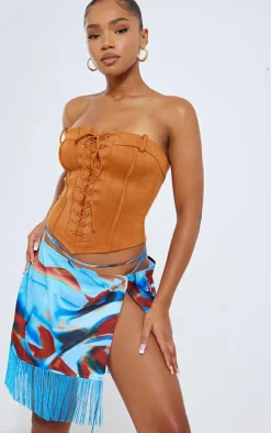 Blue Abstract Printed Tassel Hem Wrap Mini Skirt