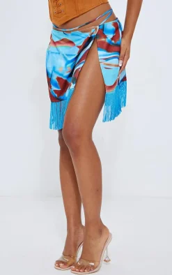 Blue Abstract Printed Tassel Hem Wrap Mini Skirt