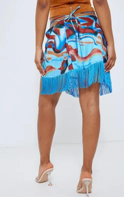 Blue Abstract Printed Tassel Hem Wrap Mini Skirt
