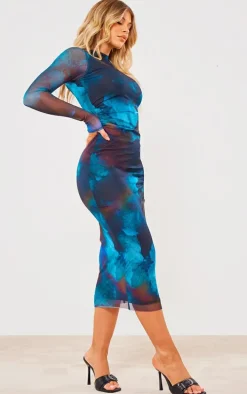 Blue Abstract Ruched Mesh Long Sleeve Midi Dress
