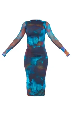 Blue Abstract Ruched Mesh Long Sleeve Midi Dress