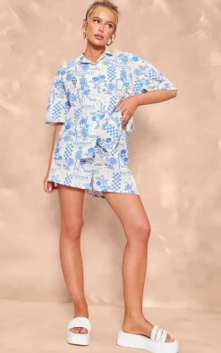 Blue Abstract Sun Printed Oversized Boxy Shorts