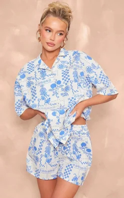 Blue Abstract Sun Printed Oversized Boxy Shorts