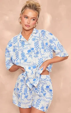 Blue Abstract Sun Printed Oversized Boxy Short Sleeve Shirt