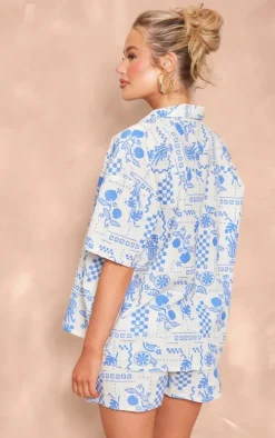 Blue Abstract Sun Printed Oversized Boxy Short Sleeve Shirt