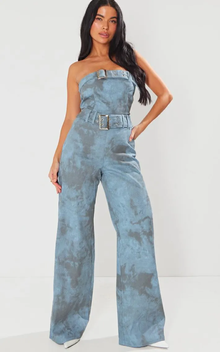 Blue Acid Wash Belted Bandeau Jumpsuit