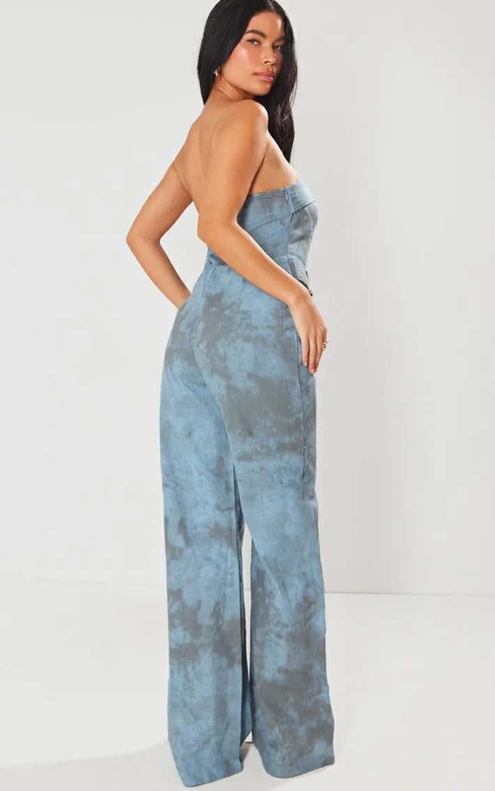 Blue Acid Wash Belted Bandeau Jumpsuit