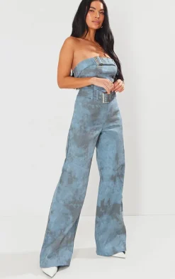 Blue Acid Wash Belted Bandeau Jumpsuit