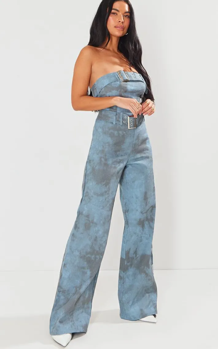 Blue Acid Wash Belted Bandeau Jumpsuit