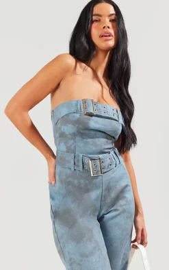 Blue Acid Wash Belted Bandeau Jumpsuit