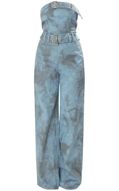 Blue Acid Wash Belted Bandeau Jumpsuit