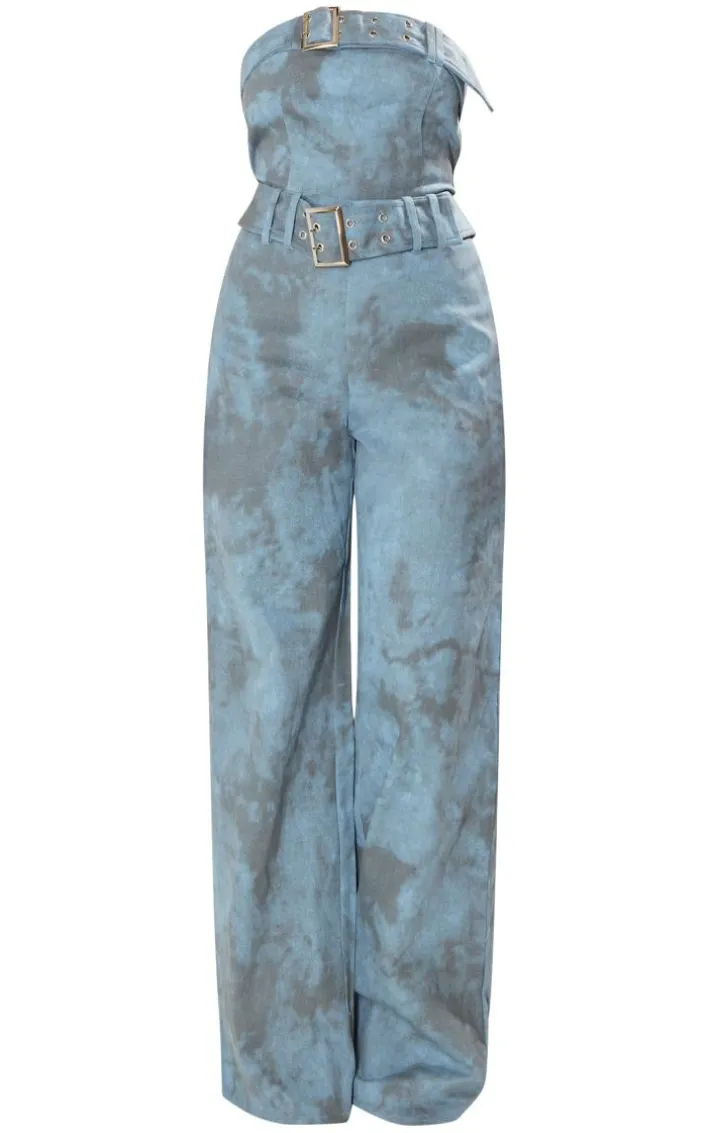 Blue Acid Wash Belted Bandeau Jumpsuit