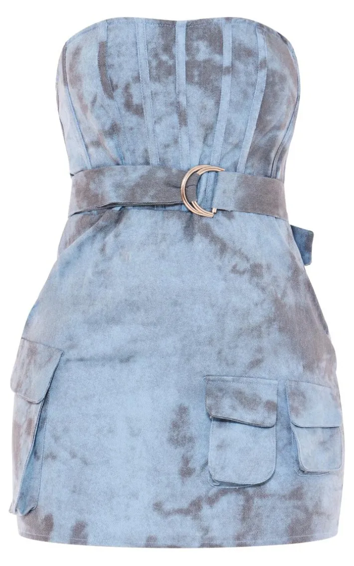 Blue Acid Wash Corset Belted Pocket Bodycon Dress