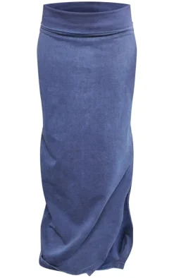 Blue Acid Wash Cotton Fold Over Maxi Skirt