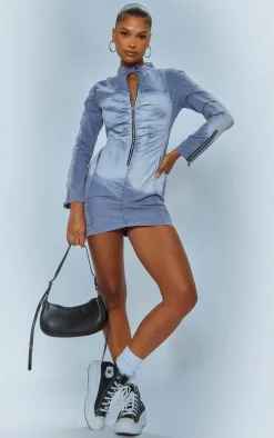 Blue Acid Wash Zip Up Long Bodycon Dress