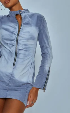 Blue Acid Wash Zip Up Long Bodycon Dress