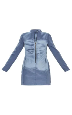 Blue Acid Wash Zip Up Long Bodycon Dress