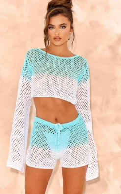 Blue And White Ombre Crochet Flared Sleeve Crop Top