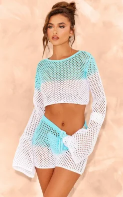 Blue And White Ombre Crochet Flared Sleeve Crop Top
