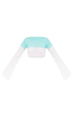 Blue And White Ombre Crochet Flared Sleeve Crop Top
