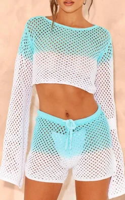Blue And White Ombre Crochet Knit Mini Shorts