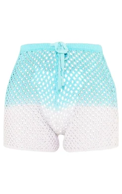 Blue And White Ombre Crochet Knit Mini Shorts