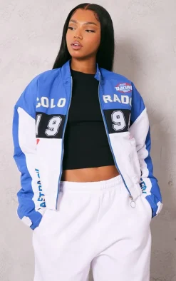 Blue And White Oversized Graphic Zipper Racer Bomber Jacket
