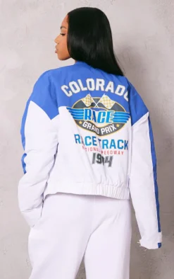 Blue And White Oversized Graphic Zipper Racer Bomber Jacket
