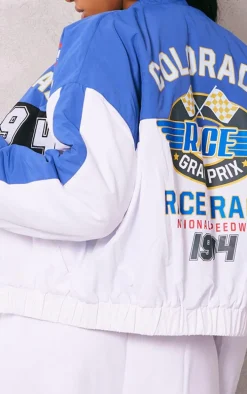 Blue And White Oversized Graphic Zipper Racer Bomber Jacket