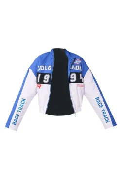 Blue And White Oversized Graphic Zipper Racer Bomber Jacket