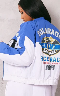Blue And White Oversized Graphic Zipper Racer Bomber Jacket