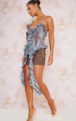 Blue Animal Print Chiffon Floral Applicate Frill Crop Top