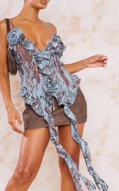 Blue Animal Print Chiffon Floral Applicate Frill Crop Top