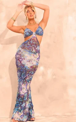 Blue Animal Print Crinkle Mesh Cut Out Maxi Dress