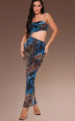 Blue Animal Print Meshed Cut Out Maxi Dress